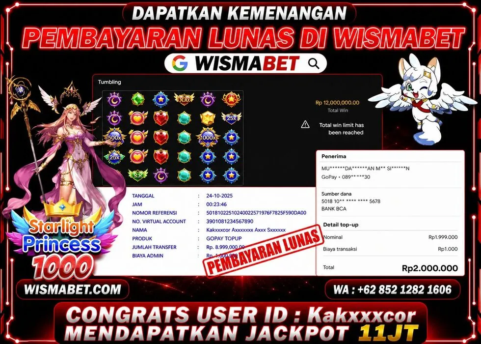 Wismabet - BUKTI KEMENANGAN Starlight Princess 1000x Rp11,000,000,- LUNAS